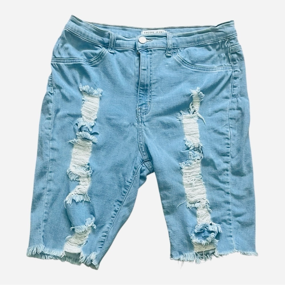 Encore Jeans denim light blue raw hem distressed shorts 1X ripped detail stretch - Picture 4 of 13